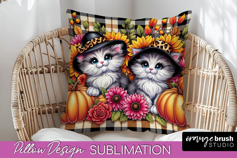 Fall Pillow Cover - Autumn Cute Cat Pillow Sublimation Sublimation OrangeBrushStudio 