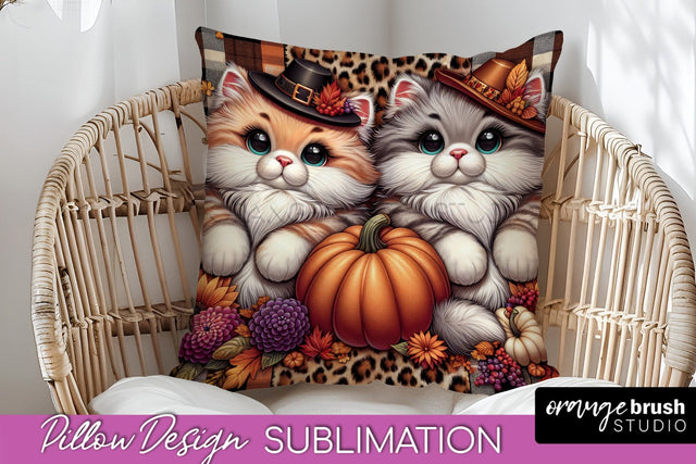 Fall Pillow Cover - Autumn Cute Cat Pillow Sublimation Sublimation OrangeBrushStudio 