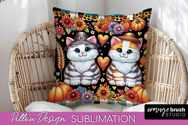 Fall Pillow Cover - Autumn Cute Cat Pillow Sublimation Sublimation OrangeBrushStudio 