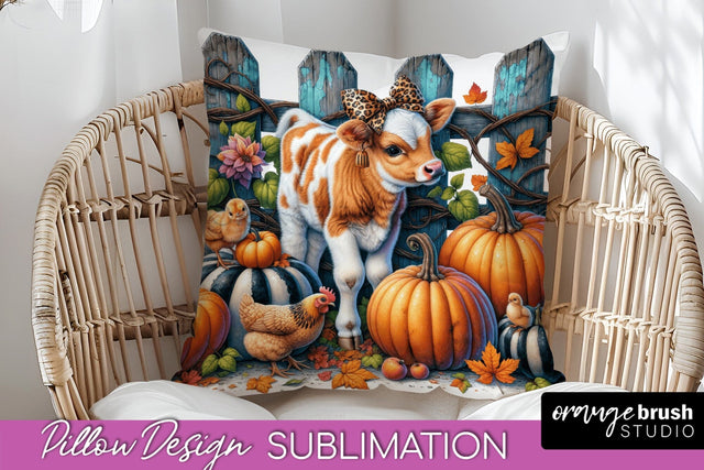 Fall Pillow Cover - Cow Pillow Sublimation Design Sublimation OrangeBrushStudio 