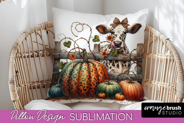 Fall Pillow Cover - Cow Pillow Sublimation Design Sublimation OrangeBrushStudio 