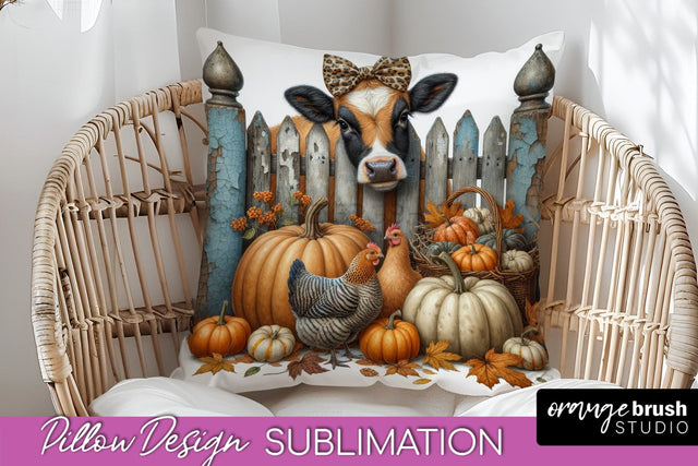 Fall Pillow Cover - Cow Pillow Sublimation Design Sublimation OrangeBrushStudio 