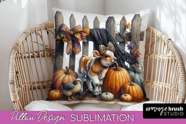 Fall Pillow Cover - Cow Pillow Sublimation Design Sublimation OrangeBrushStudio 