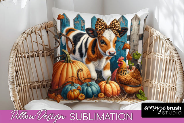 Fall Pillow Cover - Cow Pillow Sublimation Design Sublimation OrangeBrushStudio 