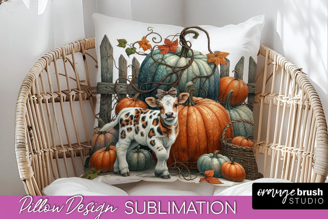 Fall Pillow Cover - Cow Pillow Sublimation Design Sublimation OrangeBrushStudio 
