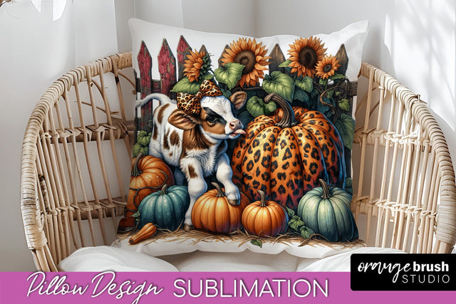 Fall Pillow Cover - Cow Pillow Sublimation Design Sublimation OrangeBrushStudio 