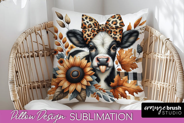 Fall Pillow Cover - Cow Pillow Sublimation Design Sublimation OrangeBrushStudio 