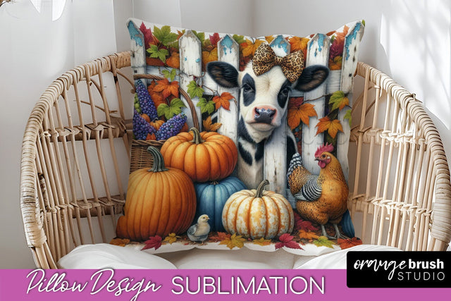 Fall Pillow Cover - Cow Pillow Sublimation Design Sublimation OrangeBrushStudio 