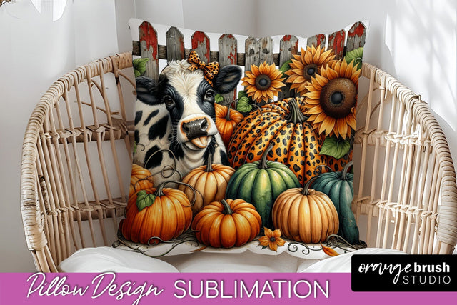 Fall Pillow Cover - Cow Pillow Sublimation Design Sublimation OrangeBrushStudio 