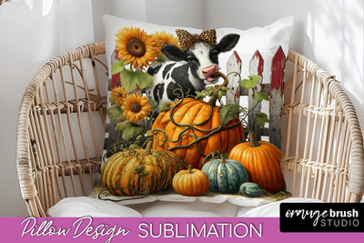 Fall Pillow Cover - Cow Pillow Sublimation Design Sublimation OrangeBrushStudio 