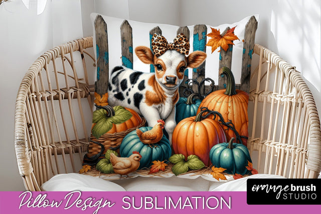 Fall Pillow Cover - Cow Pillow Sublimation Design Sublimation OrangeBrushStudio 