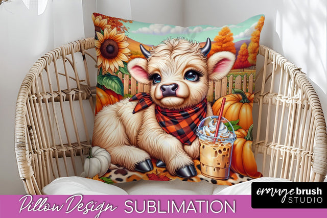 Fall Pillow Cover - Cute Highland Cow Pillow Sublimation Sublimation OrangeBrushStudio 