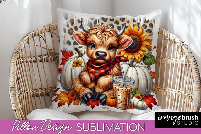 Fall Pillow Cover - Cute Highland Cow Pillow Sublimation Sublimation OrangeBrushStudio 