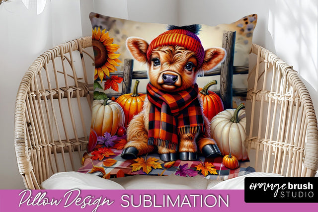 Fall Pillow Cover - Cute Highland Cow Pillow Sublimation Sublimation OrangeBrushStudio 