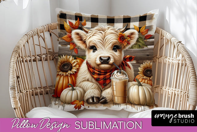 Fall Pillow Cover - Cute Highland Cow Pillow Sublimation Sublimation OrangeBrushStudio 