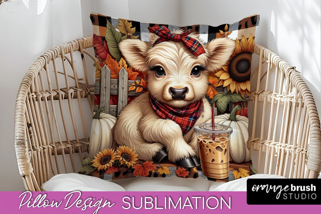 Fall Pillow Cover - Cute Highland Cow Pillow Sublimation Sublimation OrangeBrushStudio 