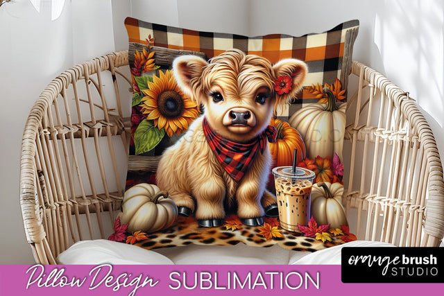 Fall Pillow Cover - Cute Highland Cow Pillow Sublimation Sublimation OrangeBrushStudio 