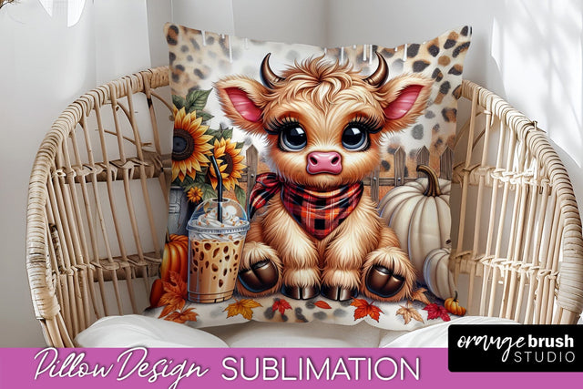 Fall Pillow Cover - Cute Highland Cow Pillow Sublimation Sublimation OrangeBrushStudio 