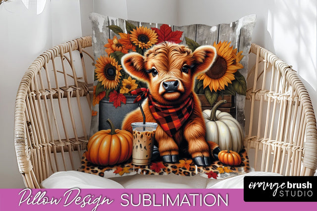 Fall Pillow Cover - Cute Highland Cow Pillow Sublimation Sublimation OrangeBrushStudio 