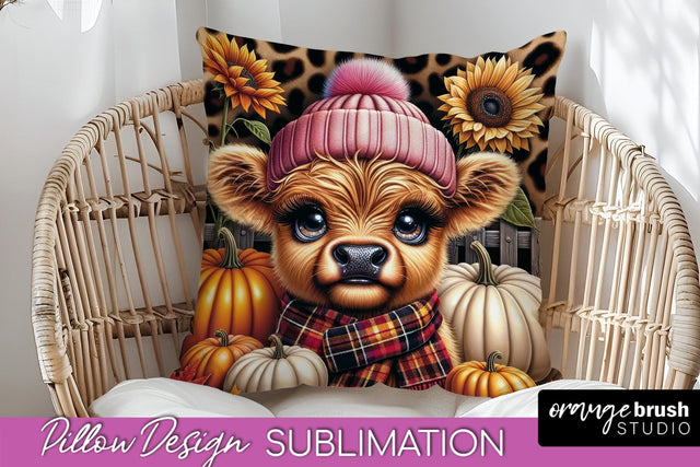 Fall Pillow Cover - Cute Highland Cow Pillow Sublimation Sublimation OrangeBrushStudio 