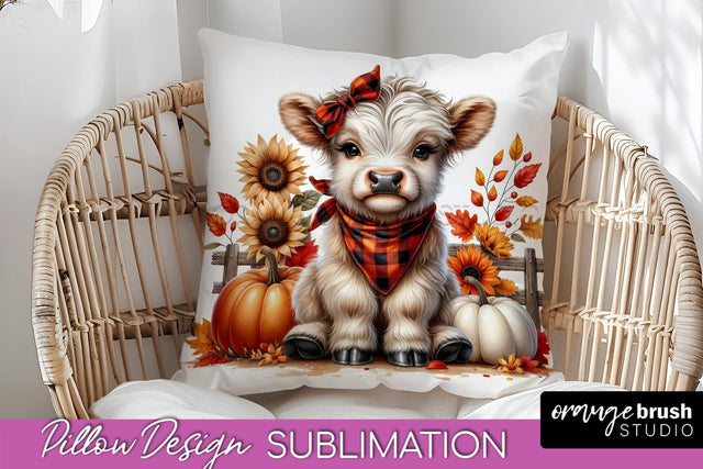 Fall Pillow Cover - Cute Highland Cow Pillow Sublimation Sublimation OrangeBrushStudio 