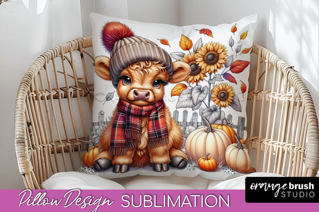 Fall Pillow Cover - Cute Highland Cow Pillow Sublimation Sublimation OrangeBrushStudio 
