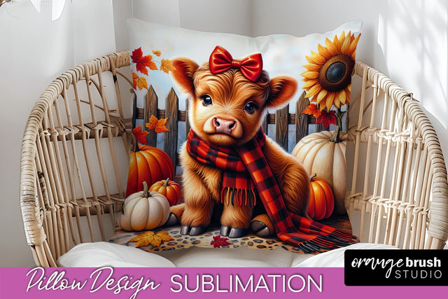 Fall Pillow Cover - Cute Highland Cow Pillow Sublimation Sublimation OrangeBrushStudio 