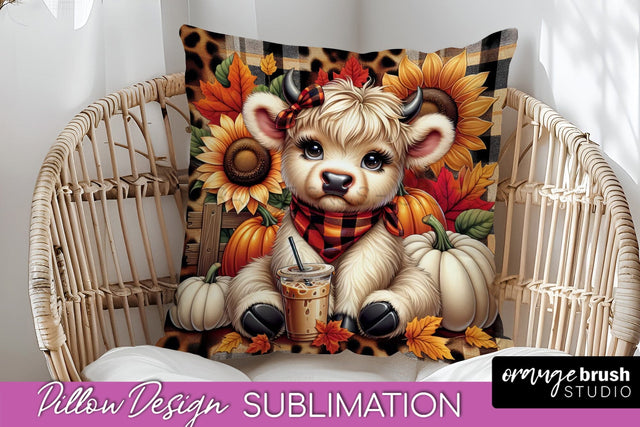 Fall Pillow Cover - Cute Highland Cow Pillow Sublimation Sublimation OrangeBrushStudio 