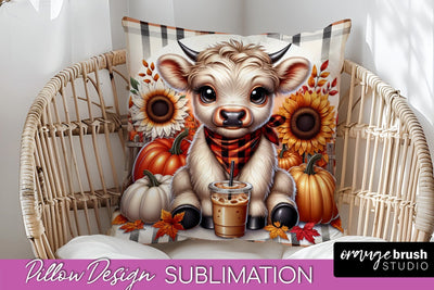 Fall Pillow Cover - Cute Highland Cow Pillow Sublimation Sublimation OrangeBrushStudio 
