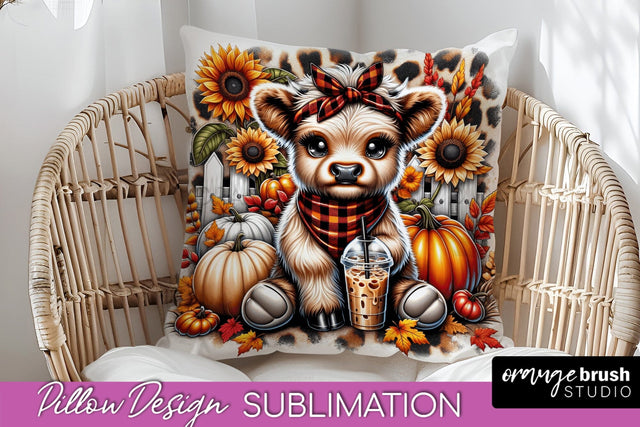 Fall Pillow Cover - Cute Highland Cow Pillow Sublimation Sublimation OrangeBrushStudio 
