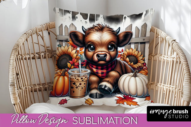 Fall Pillow Cover - Cute Highland Cow Pillow Sublimation Sublimation OrangeBrushStudio 