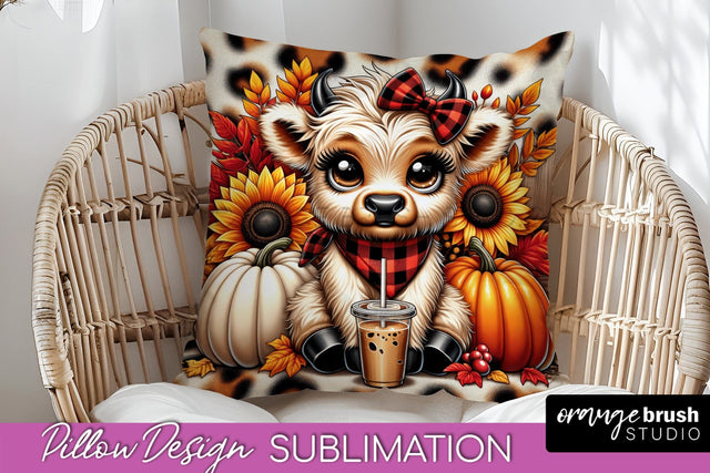 Fall Pillow Cover - Cute Highland Cow Pillow Sublimation Sublimation OrangeBrushStudio 