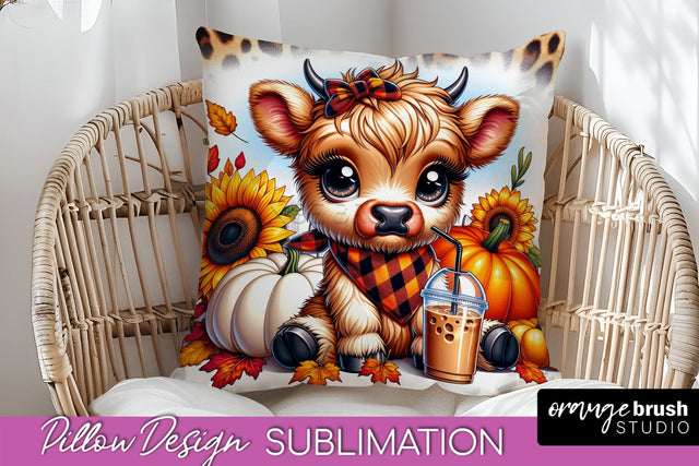 Fall Pillow Cover - Cute Highland Cow Pillow Sublimation Sublimation OrangeBrushStudio 