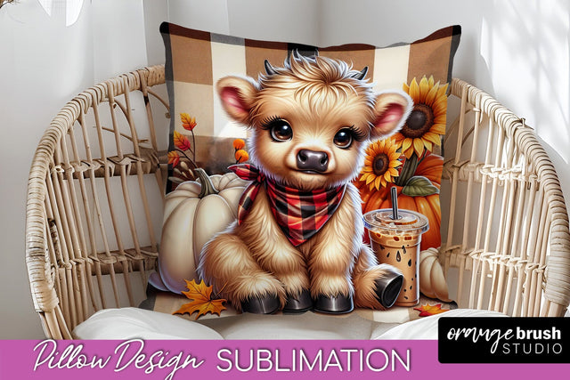 Fall Pillow Cover - Cute Highland Cow Pillow Sublimation Sublimation OrangeBrushStudio 