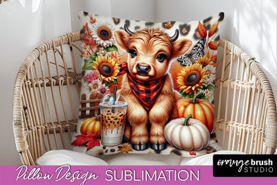 Fall Pillow Cover - Cute Highland Cow Pillow Sublimation Sublimation OrangeBrushStudio 