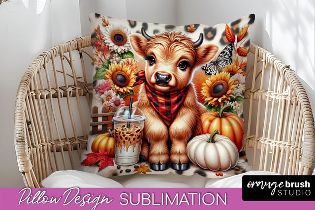 Fall Pillow Cover - Cute Highland Cow Pillow Sublimation Sublimation OrangeBrushStudio 