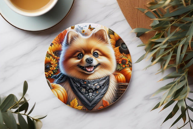 Fall Pomeranian Coaster, Pumpkin Dog Round Coaster Design Sublimation BijouBay 