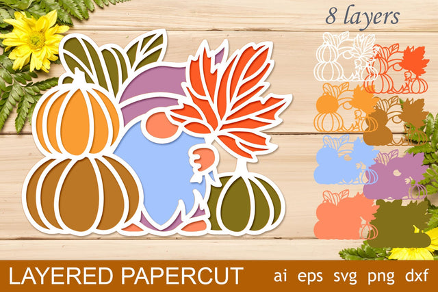 Fall pumpkin and gnome 3d papercut, Autumn svg layered 3D Paper AnastasiyaArtDesign 