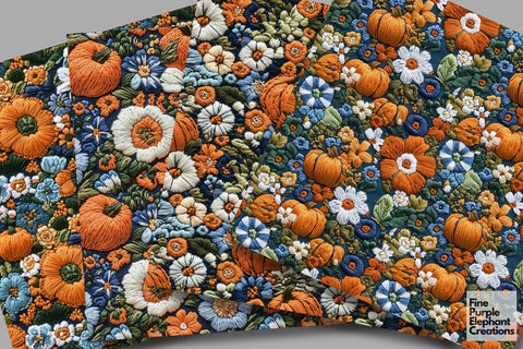 Fall Pumpkin Embroidery Digital Paper | Thanksgiving Stitched Fabric Texture Digital Pattern Fine Purple Elephant Creations 