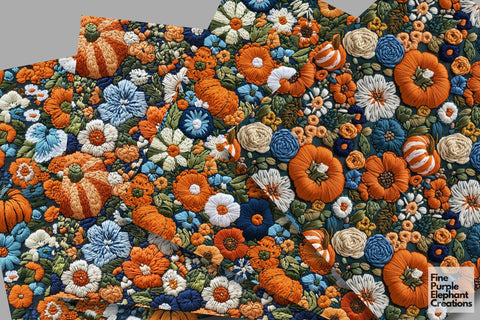 Fall Pumpkin Embroidery Digital Paper | Thanksgiving Stitched Fabric Texture Digital Pattern Fine Purple Elephant Creations 