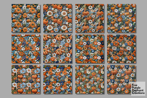 Fall Pumpkin Embroidery Digital Paper | Thanksgiving Stitched Fabric Texture Digital Pattern Fine Purple Elephant Creations 