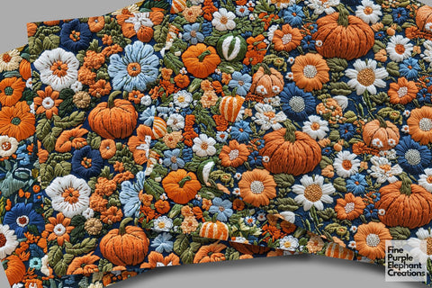 Fall Pumpkin Embroidery Digital Paper | Thanksgiving Stitched Fabric Texture Digital Pattern Fine Purple Elephant Creations 