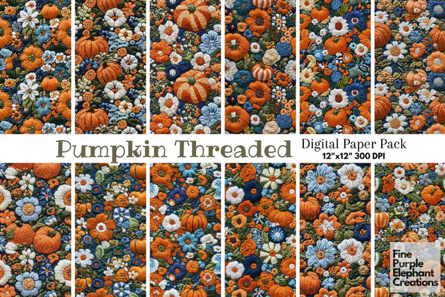 Fall Pumpkin Embroidery Digital Paper | Thanksgiving Stitched Fabric Texture Digital Pattern Fine Purple Elephant Creations 