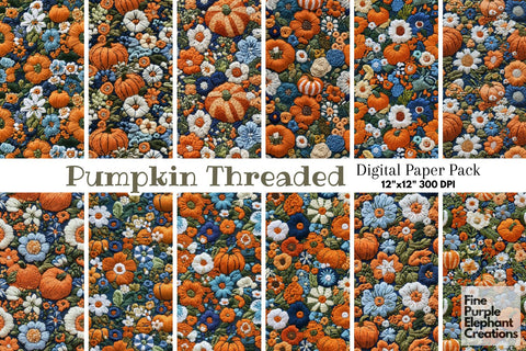 Fall Pumpkin Embroidery Digital Paper | Thanksgiving Stitched Fabric Texture Digital Pattern Fine Purple Elephant Creations 