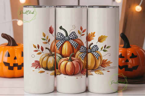 Fall Pumpkin Gingham Bow 20oz Tumbler Sublimation PixelChick 
