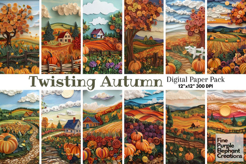 Fall Pumpkin Patch Quilling Pattern Digital Paper Digital Pattern Fine Purple Elephant Creations 