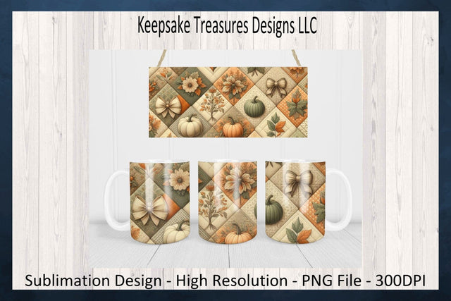 Fall Pumpkin Patchwork 11oz Coffee Mug Wrap and Coaster, Sublimation Png, Digital Download Sublimation Keepsake Treasures Designs LLC. 