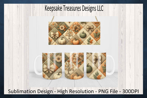 Fall Pumpkin Patchwork 11oz Coffee Mug Wrap and Coaster, Sublimation Png, Digital Download Sublimation Keepsake Treasures Designs LLC. 