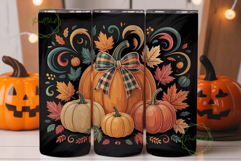 Fall Pumpkin Plaid Bow 20oz Tumbler Wrap Sublimation PixelChick 