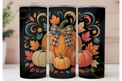Fall Pumpkin Plaid Bow 20oz Tumbler Wrap Sublimation PixelChick 